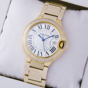 Fake Ballon Bleu de Cartier Midsize Diamonds 18kt Yellow Gold Stones Bezel Unisex Watches