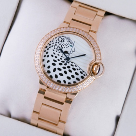 Fake Ballon Bleu de Cartier Rose Gold Leopard-Print Dial Diamonds Bezel Unisex Watches