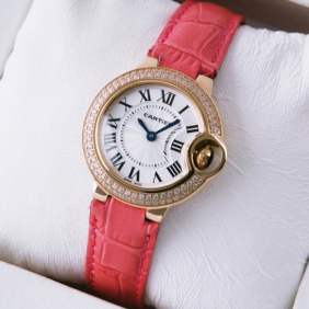 Fake Ballon Bleu de Cartier Two Rows Diamonds Rose Gold Pink Ladies Watches cheap