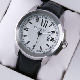 Fake Calibre de Cartier White Dial Black Leather Strap Mens Watches