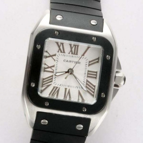 Fake Cartier Santos 100 Stainless Steel Black Rubber Band Unisex Watches