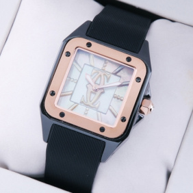 Fake Cartier Santos 100 Tow-Tone Rose Gold Black Rubber Band Limited Edition Ladies Watches