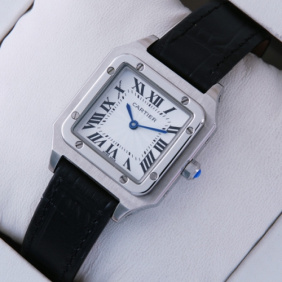 Fake Cartier Santos Stainless Steel Black Leather Strap Ladies Watches