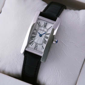 Fake Cartier Tank Americaine 18K White Gold Black Leather Band Ladies Watches