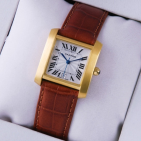 Fake Cartier Tank Francaise 18K Yellow Gold Brown Leather Band Mens Watches