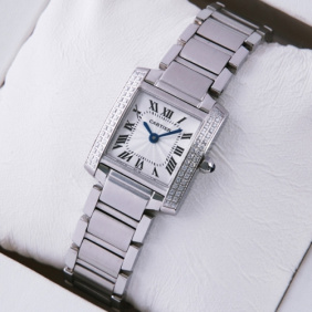 Fake Cartier Tank Francaise Two Rows Diamonds Bezel Stainless Steel Ladies Watches