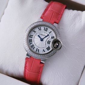 Faux Ballon Bleu de Cartier Two Rows Diamonds Steel Pink Leather Ladies Watches