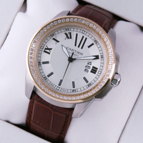 Faux Calibre de Cartier Two-Tone Rose Gold Diamonds Silver Dial Brown Leather Mens Watches