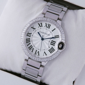 Faux Cartier Ballon Bleu de Cartier Midsize Two Rows Diamonds Bezel Steel Unisex Watches