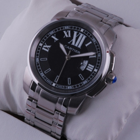 Imitation Cartier Calibre de Cartier Black Dial Stainless Steel Mens Watches