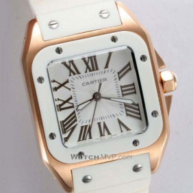 Imitation Cartier Santos 100 Yellow Gold Case White Rubber Band Mens Watches