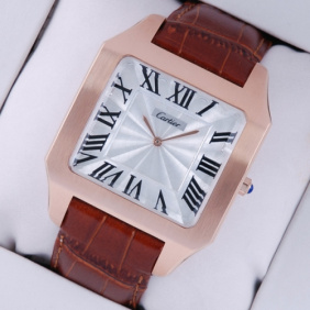 Imitation Cartier Santos Dumont 18K Rose Gold Brown Leather Strap Large Mens Watches