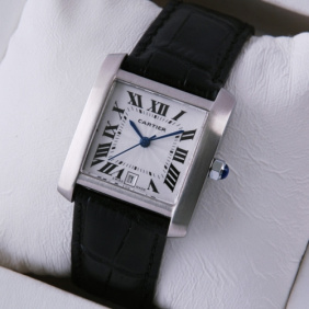 Imitation Cartier Tank Francaise Stainless Steel Black Leather Band Mens Watches
