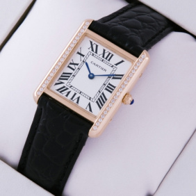 Imitation SWISS Cartier Tank Solo 18kt Rose Gold Diamonds Black Leather Strap Ladies Watches