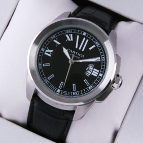 Replica Calibre de Cartier Large Black Dial Black Leather Strap Mens Watches