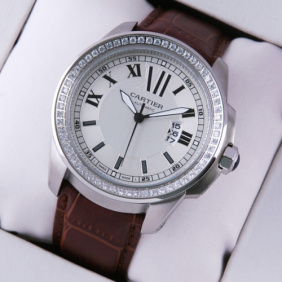 Replica Calibre de Cartier Stainless Steel Diamonds White Dial Brown Leather Mens Watches
