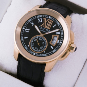 Replica Cartier Calibre de Cartier 18k Rose Gold Black Dial and Strap Mens Replica Watches