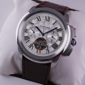 Replica Cartier Calibre de Cartier Flying Tourbillon White Dial Brown Leather Strap Steel Mens Watches