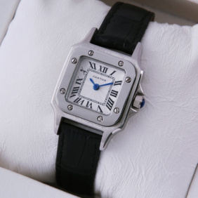 Replica Cartier Santos 100 Stainless Steel Black Leather Strap Ladies Watches