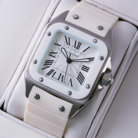 Replica Cartier Santos 100 Stainless Steel White Rubber Band Mens Watches