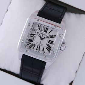 Replica Cartier Santos 100 Steel Black Leather Strap Midsize Unisex Watches W20106X8