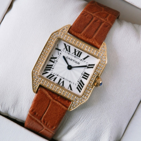 Replica Cartier Santos Dumont Diamonds 18K Rose Gold Brown Leather Strap Ladies Watches