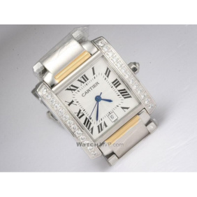 Replica Cartier Tank Francaise Diamond Two-Tone Gold Single Row Diamonds Bezel Mens Watches