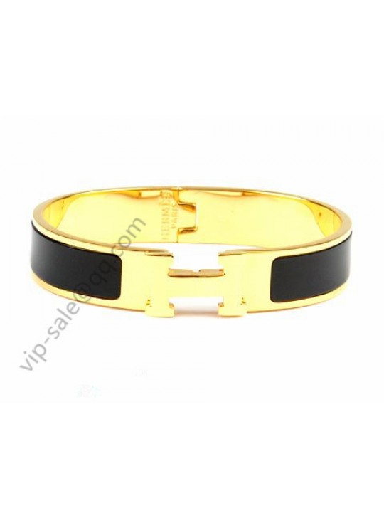 Hermes Clic H narrow bracelet, Black Enamel, Gold Plated