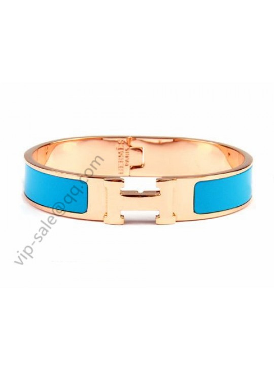 Hermes Clic H narrow bracelet, Blue Enamel, in 18kt Pink Gold