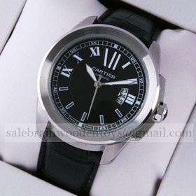 Replica Copy Calibre de Cartier Large Black Dial Black Leather Strap Mens Watches