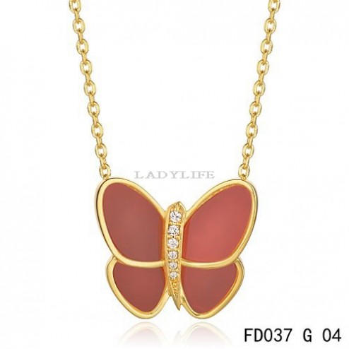 Van Cleef & Arpels Flying Butterfly Pendant,Yellow Gold,Red Onyx