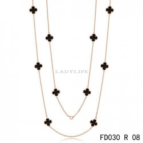 Van Cleef & Arpels Vintage Alhambra 10 Motifs Black Onyx Long Necklace Pink Gold