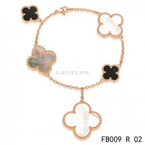 Van Cleef & Arpels Pink Gold Magic Alhambra Bracelet 5 Motifs Stone Combination