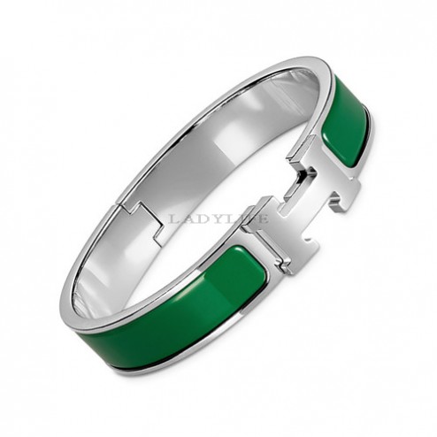 Hermes clic H bracelet white gold narrow pine green enamel replica