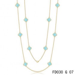 Van Cleef & Arpels Vintage Alhambra 10 Motifs Turquoise Long Necklace Yellow Gold