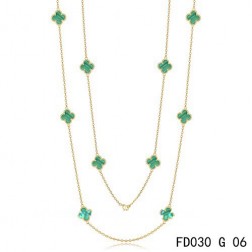 Van Cleef & Arpels Vintage Alhambra 10 Motifs Malachite Long Necklace Yellow Gold