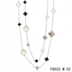 Van Cleef Arpels Magic Alhambra White Gold Long Necklace 16 Motifs Stone Combination