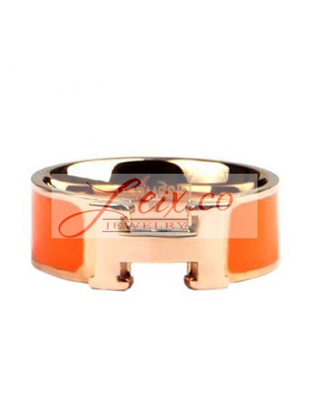 Hermes Orange Enamel Clic H Ring Pink Gold