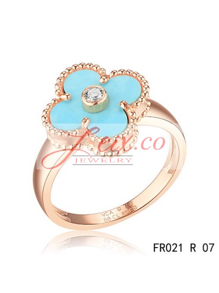 Van Cleef & Arpels Pink Gold Vintage Alhambra Ring Turquoise with Diamond