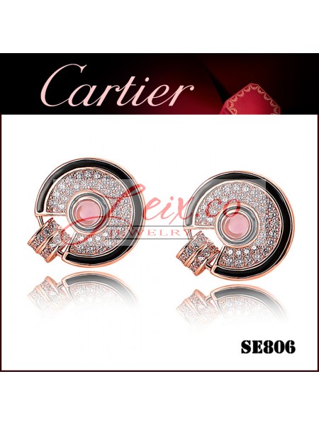 Amulette De Cartier Earrings in Pink Gold Paved Diamonds with Ruby & Black Lacquer