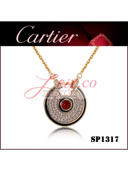 Amulette De Cartier Necklace in Yellow Gold Paved Diamonds with Black Lacquer & Ruby