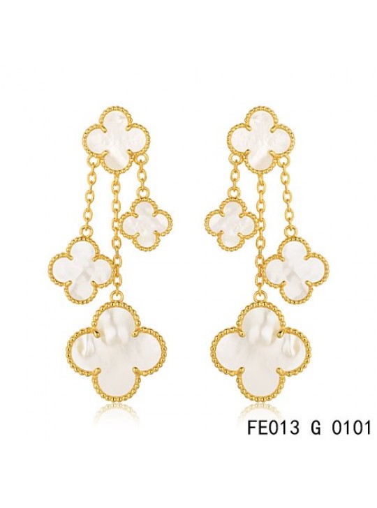 Van Cleef & Arpels Yellow Gold Magic Alhambra Earclips,White Mother of Pearl 4 Motifs 