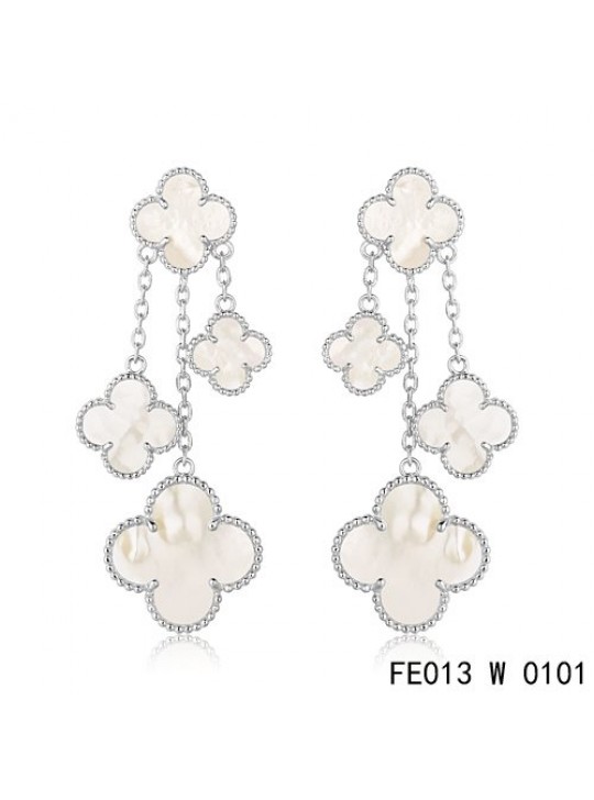 Van Cleef & Arpels White Gold Magic Alhambra Earclips,White Mother of Pearl 4 Motifs 