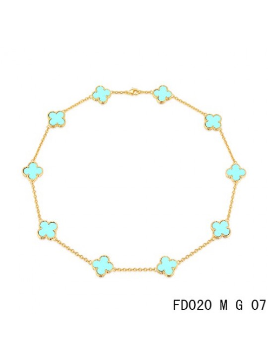 Van Cleef Arpels Vintage Alhambra Necklace Yellow Gold 10 Motifs Turquoise