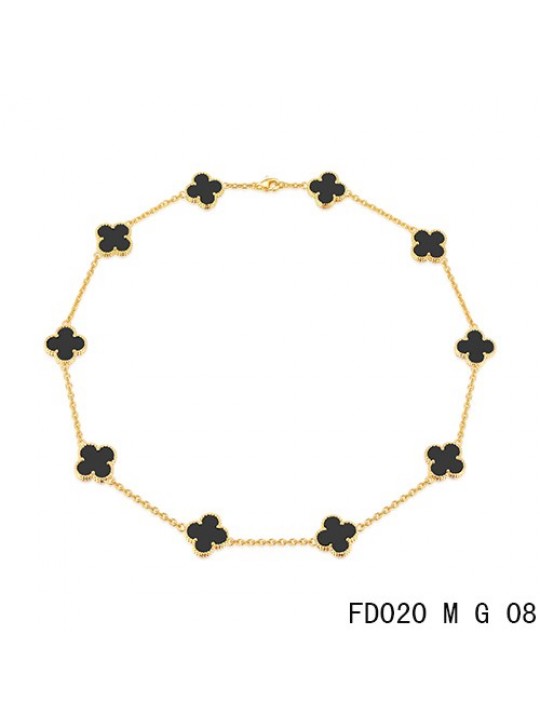 Van Cleef Arpels Vintage Alhambra Necklace Yellow Gold 10 Motifs Black Onyx