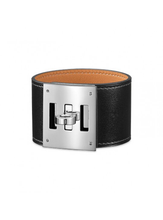 Hermes Black Leather Kelly Dog Bracelet with White Gold Plated Clasp 