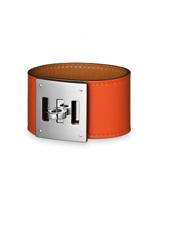 Hermes Orange Leather Kelly Dog Bracelet with White Gold Plated Clasp 