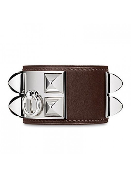 Hermes Coffee Leather Collier de Chien Bracelet with White Gold Plated Clasp & Hardware 