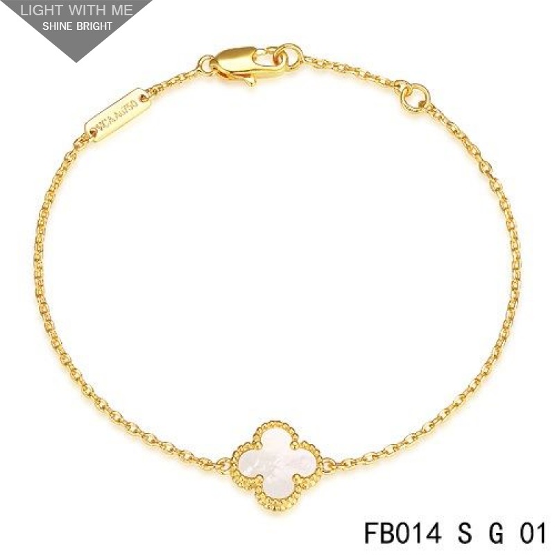 Van Cleef & Arpels White Mothe-of-parl Sweet Alhambra Clover Bracelet in Yellow Gold