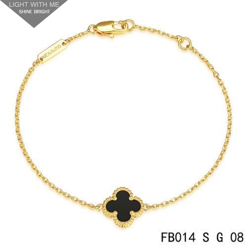 Van Cleef & Arpels Mini Black Onyx Sweet Alhambra Clover Bracelet in Yellow Gold
